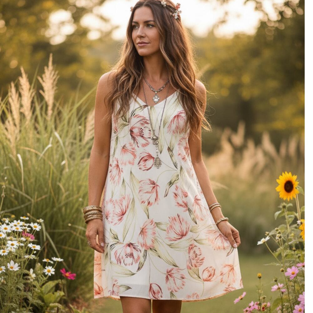 EST 1962 Cream Lined Dress‎ Pink Red Floral Tropical Leaves SZ 16